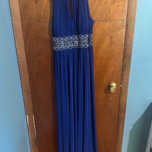 R & M Richards Blue and Silver Embellished Halter Maxi Gown
